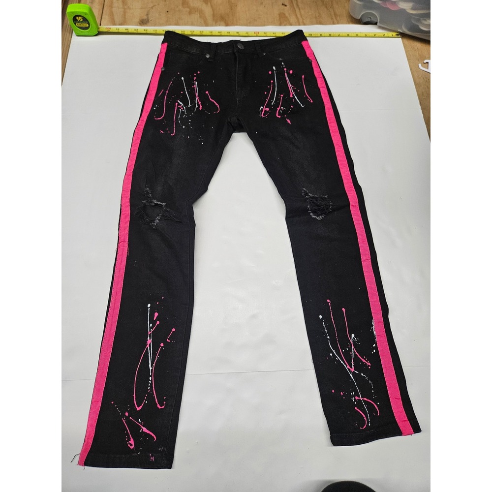 Waimea Skinny Fit Jeans Black Pink Side Stripe Paint Splatter Distressed Size 18